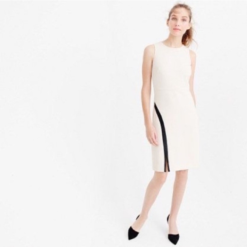 J Crew Sleeveless Cream Sheath Dress with Faux Leather Detail size 6